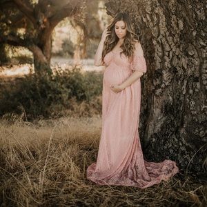 SOLD Blush pink lace maternity dress